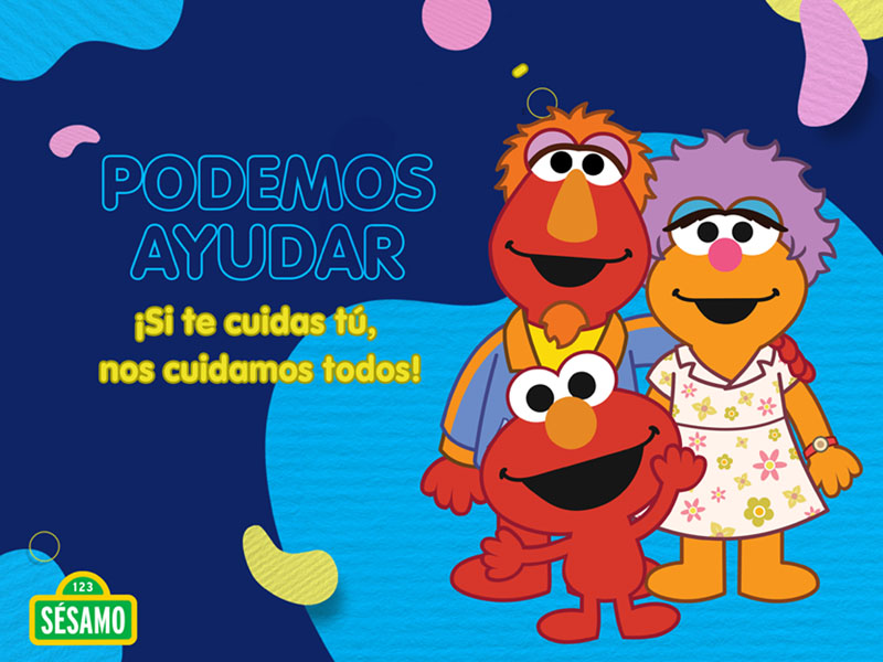 Papas de Elmo y Elmo enfrente de texto "Podemos Ayudar" 